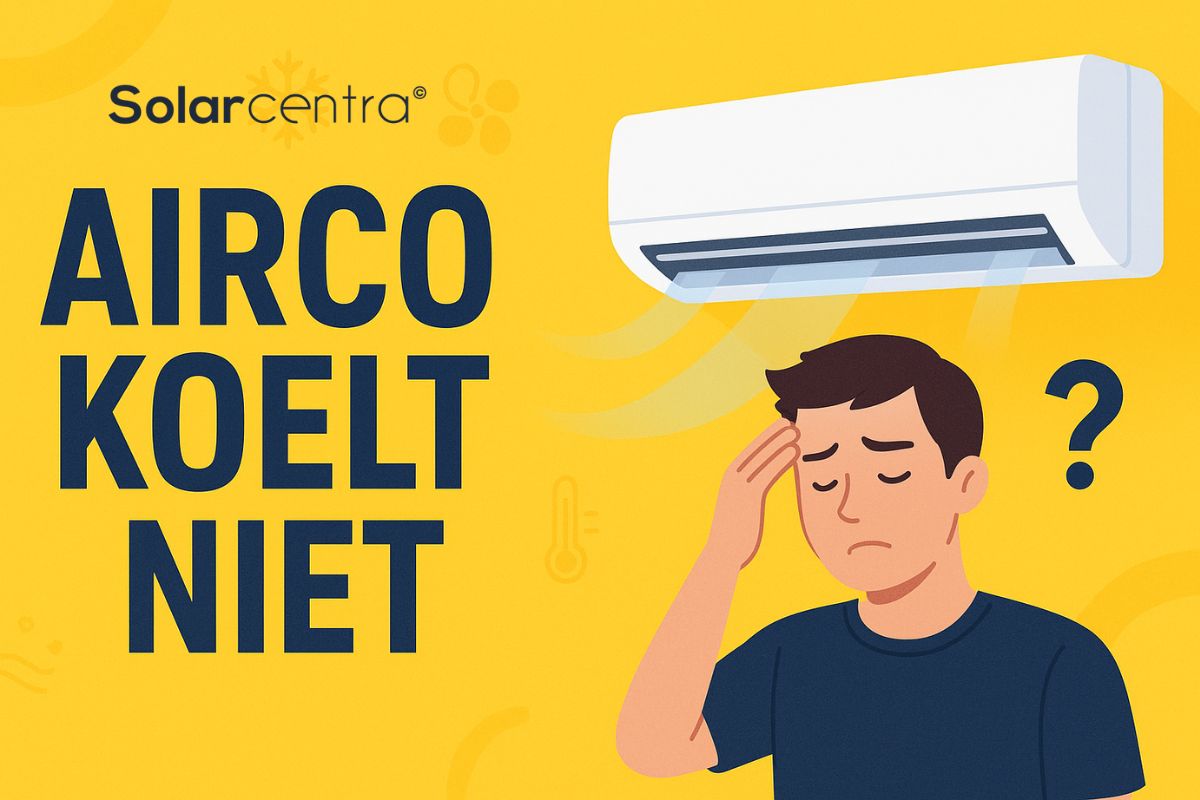 Een afbeelding van een airco en een gefrustreerde man met de tekst "airco koelt niet" ernaast