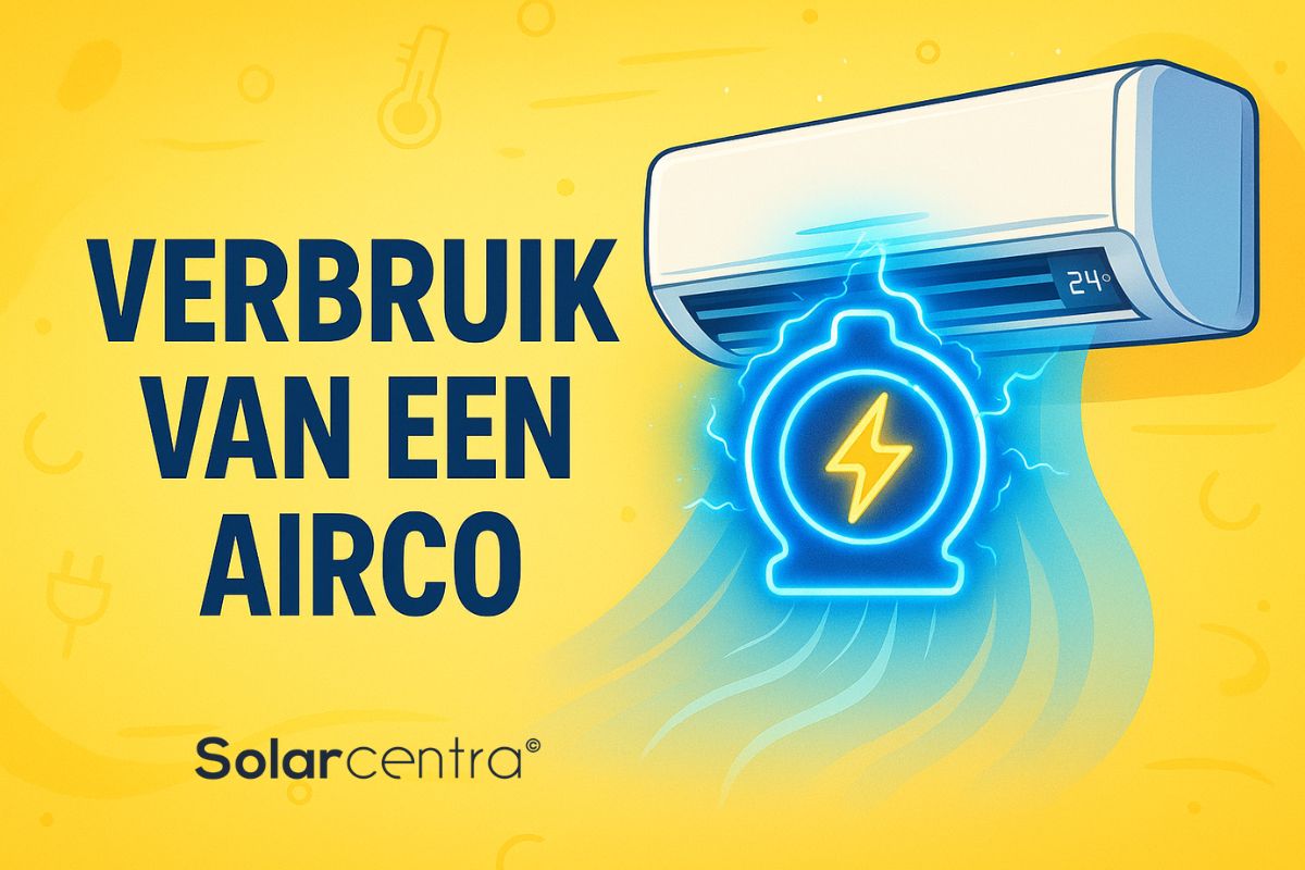 Een airco met een stroom-gerelateerde icoon erop en de tekst "verbruik van een airco" ernaast